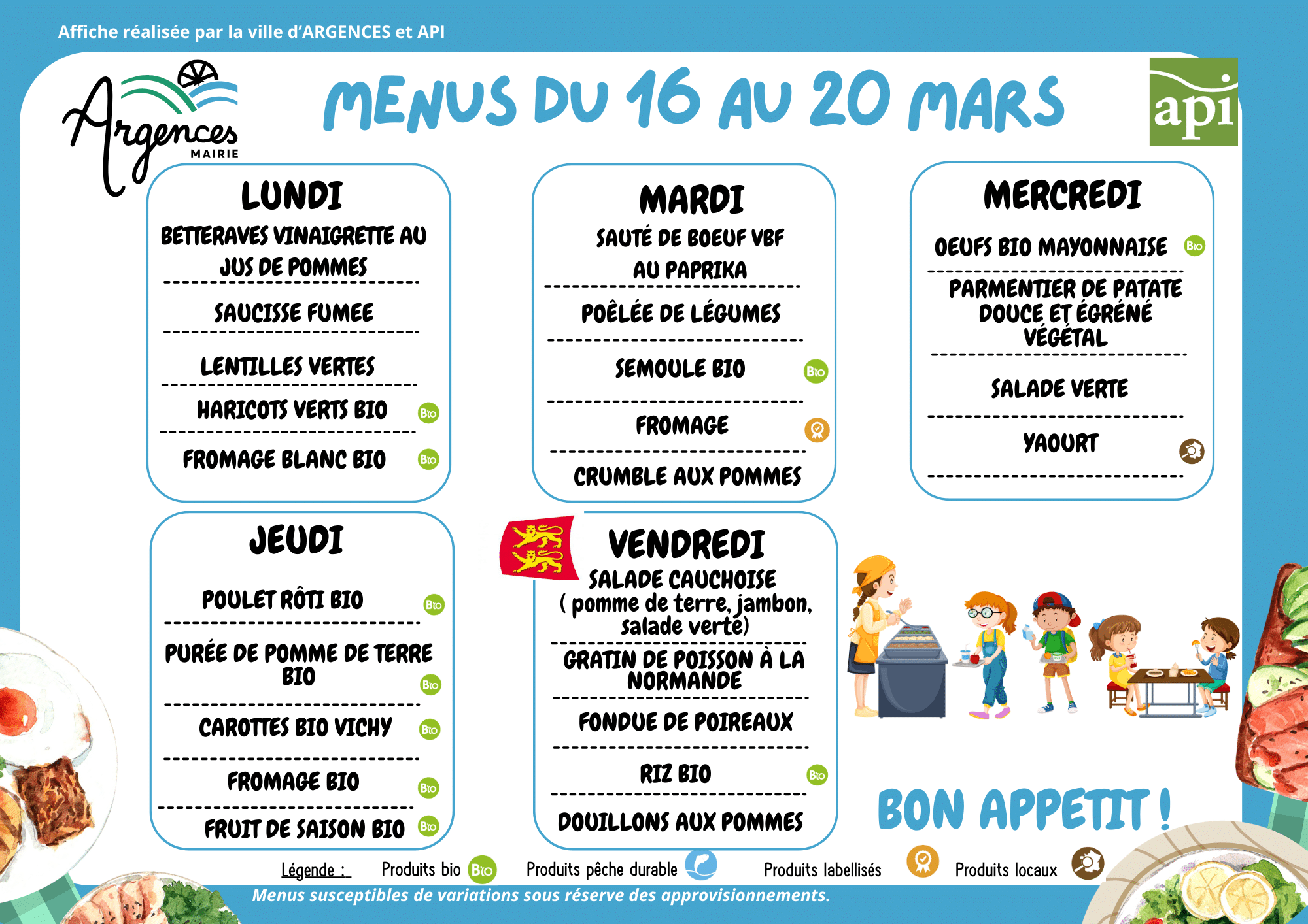 Menus du 16 au 20 mars